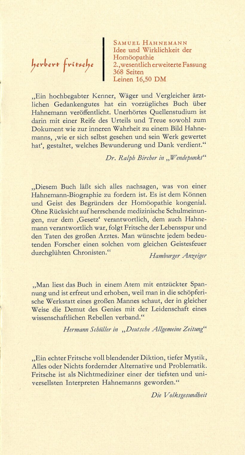 Anzeige für „Samuel Hahnemann. Idee und Wirklichkeit der Homöopathie“, 368 Seiten, Leinen 16,50 DM, darunter vier Pressestimmen.