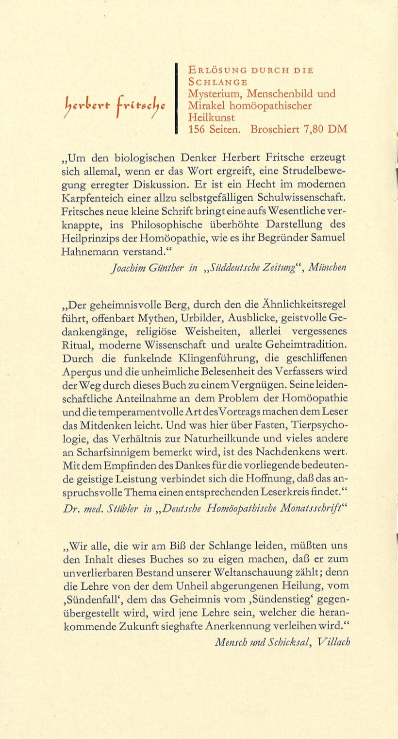 Anzeige für „Erlösung durch die Schlange. Mysterium, Menschenbild und Mirakel homöopathischer Heilkunst“, 156 Seiten, broschiert 7,80 DM, darunter drei Pressestimmen.