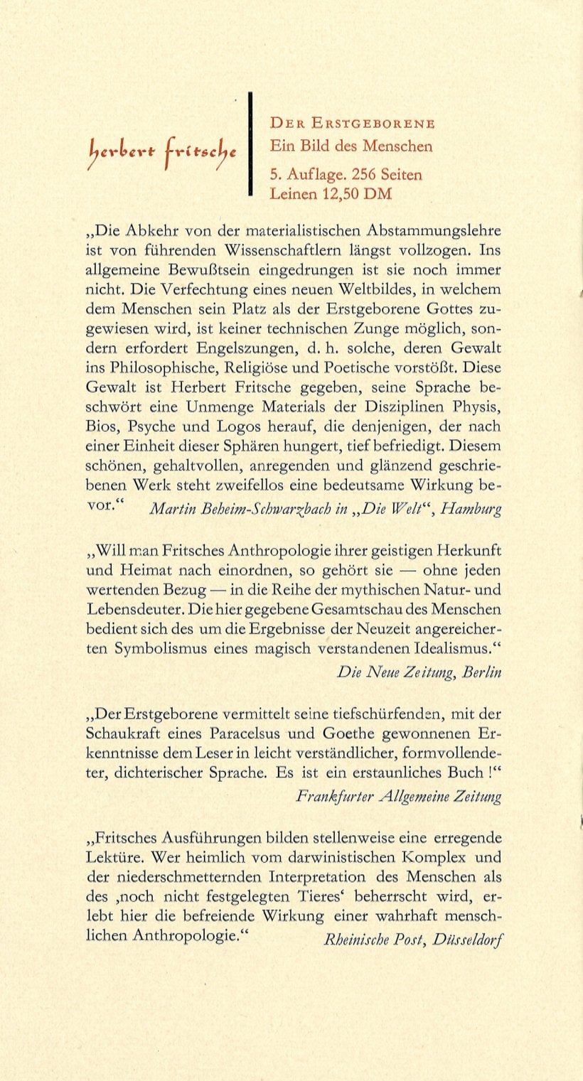 Anzeige für „Der Erstgeborene. Ein Bild des Menschen“, 5. Auflage, 256 Seiten, Leinen 12,50 DM, darunter vier Pressestimmen.