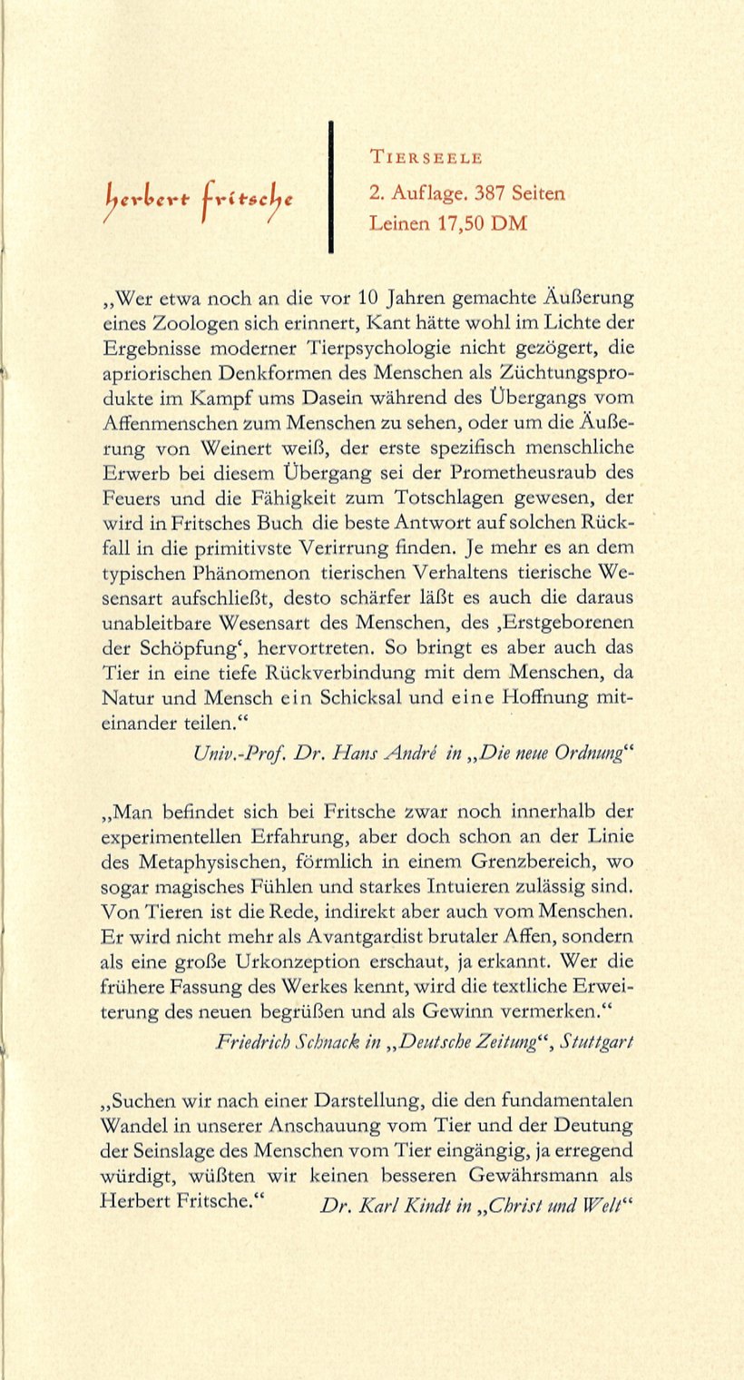 Anzeige für „Tierseele“, 2. Auflage, 387 Seiten, Leinen 17,50 DM, darunter mehrere Pressestimmen.