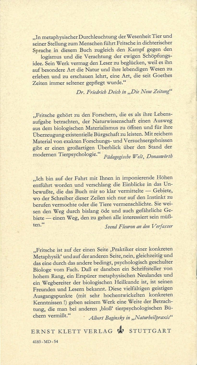 Rückseite mit vier weiteren Pressestimmen und, am Fuß, dem Schriftzug „ERNST KLETT VERLAG STUTTGART“ mit Verlagssignet und dem Druckvermerk 4185-MD-54.